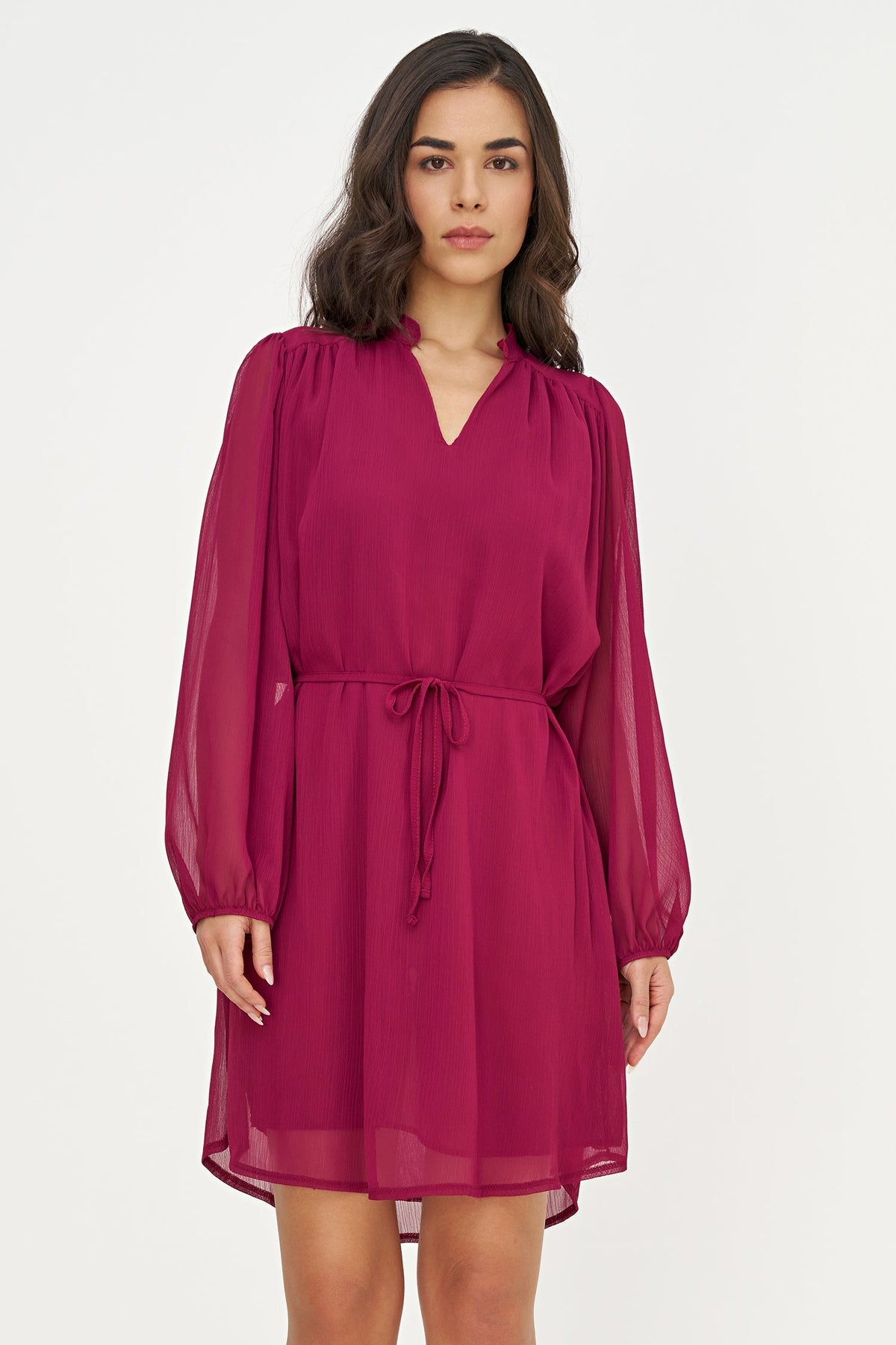Women's Woven V-Neck Dress, Long Sleeves & Removable String Belt