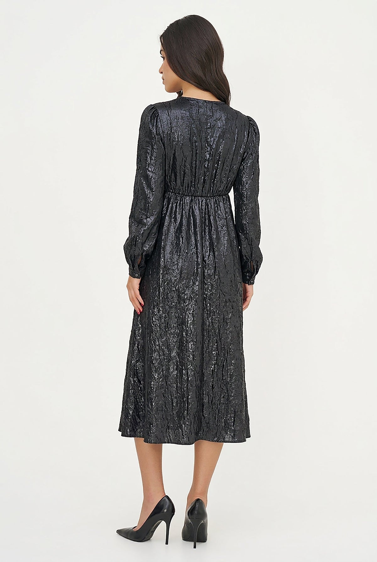 Women's Woven Fixed Crossover V-Neck Dress with Long Sleeves
