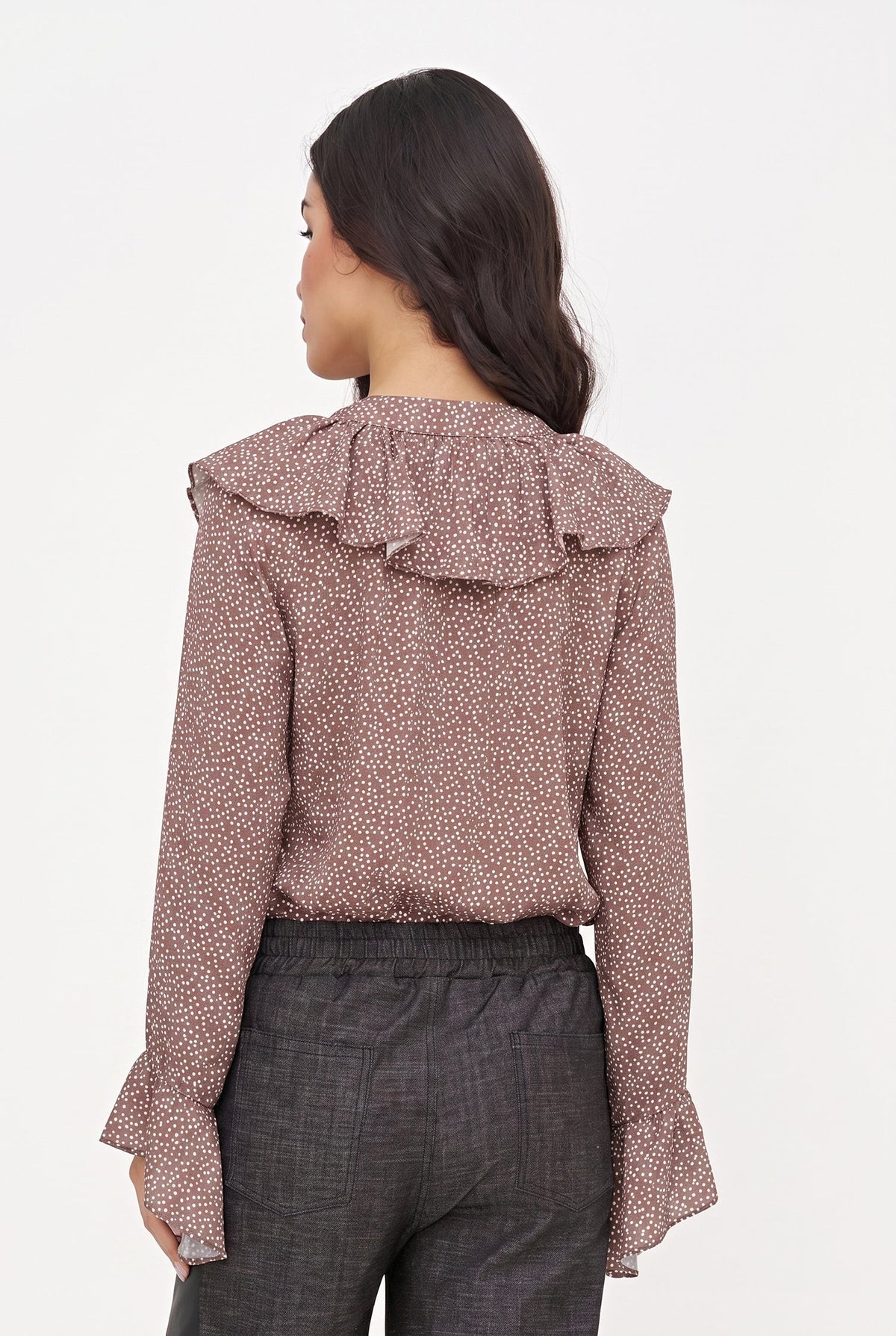 Women's Printed Button-Down Shirt with Ruffled Front, Collar & Cuffs