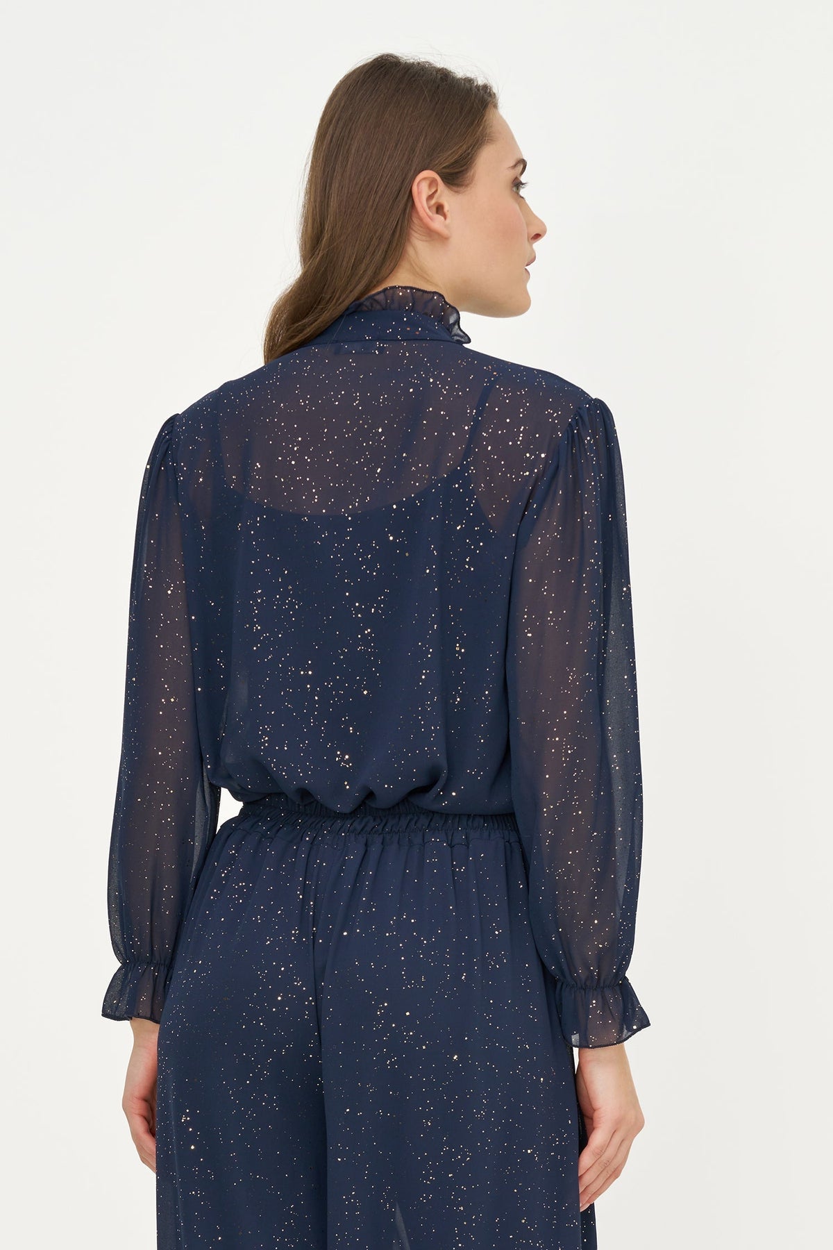 Women's Foil-Print Button-Down Shirt, Tie-Bow Collar & Removable Cami