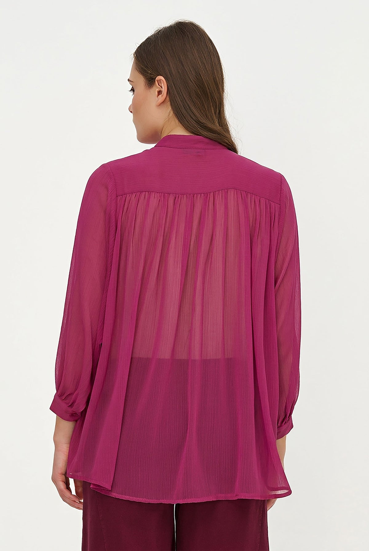 Women's Woven Button-Down Tunic Shirt, Long Sleeves & Stand Collar