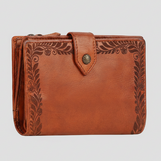 MET Women’s Leather Wallet. Bifold Organizer with Laser-Engraved Floral Details