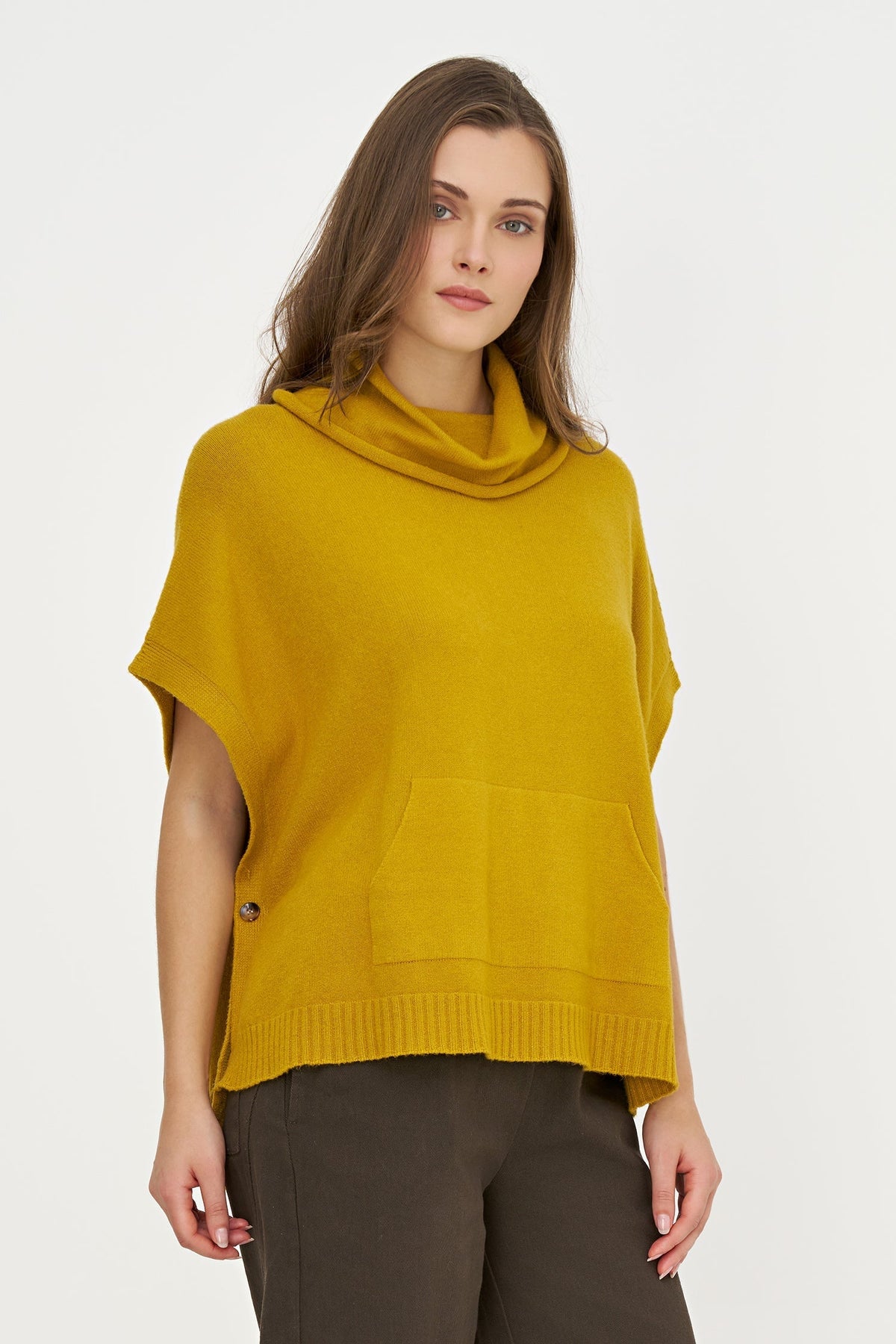 Women's Cowl Turtleneck Poncho with Side Buttons & Kangaroo Pocket