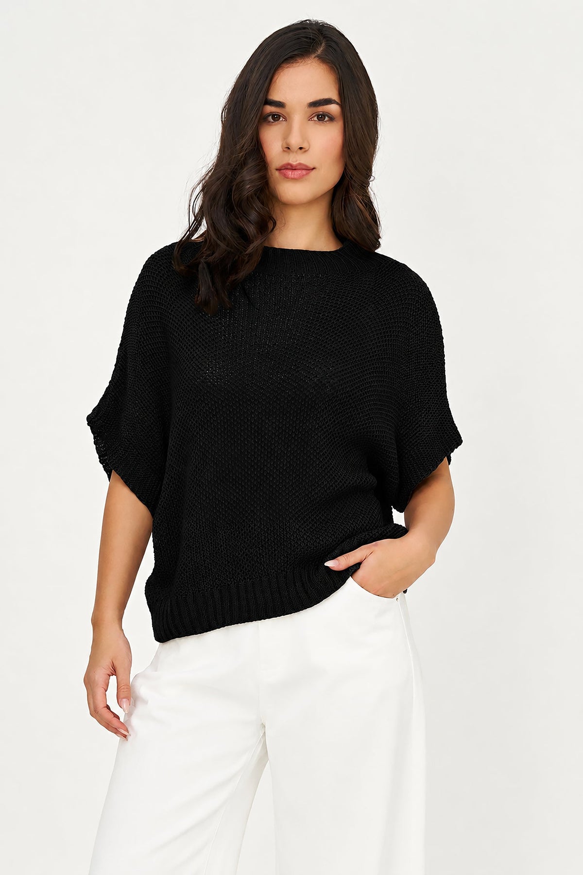 Women's Knit Boat-Neck Sweater with Short Sleeves