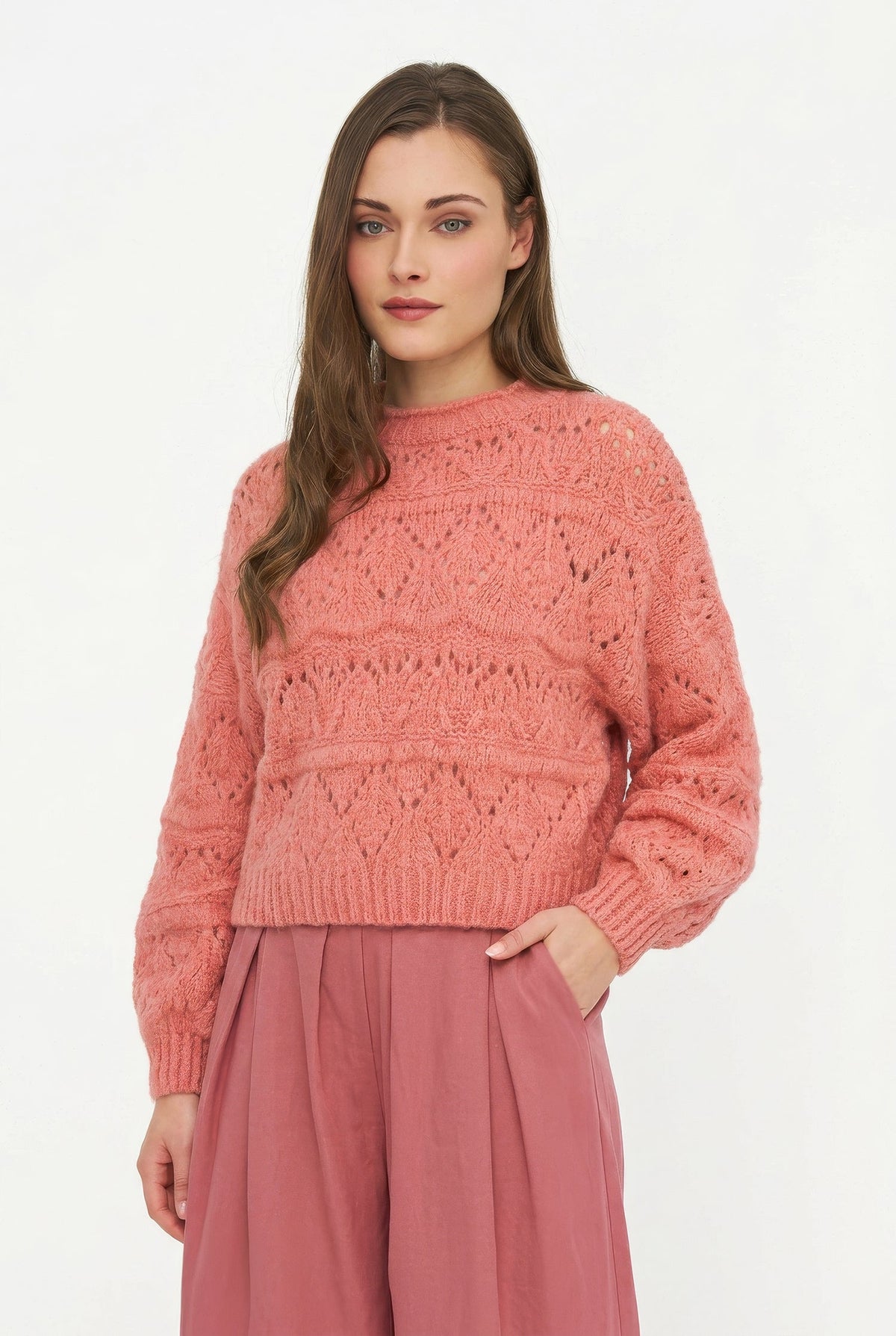Women's Open-Crochet Knit Crew-Neck Sweater, with Long Sleeves