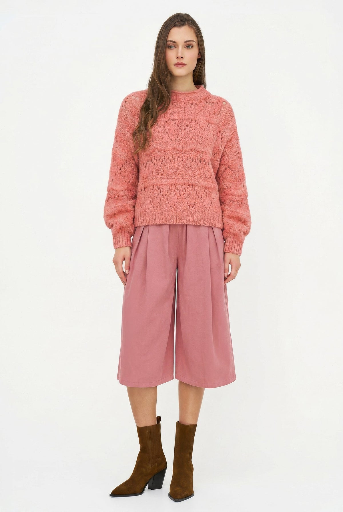 Women's Open-Crochet Knit Crew-Neck Sweater, with Long Sleeves