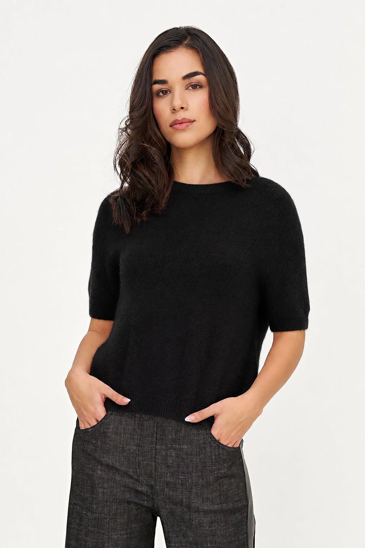Women's Soft Brushed-Knit Crew-Neck Sweater with Elbow-Length Sleeves
