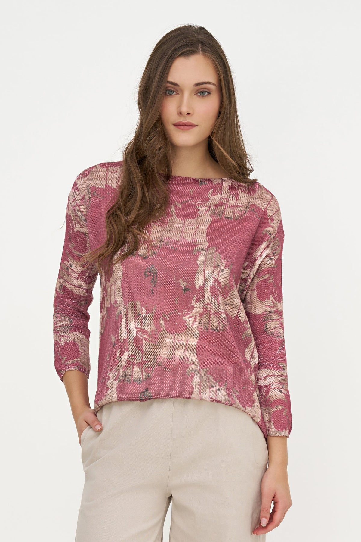 Women's Knit Printed Boat-Neck Sweater with Long Sleeves