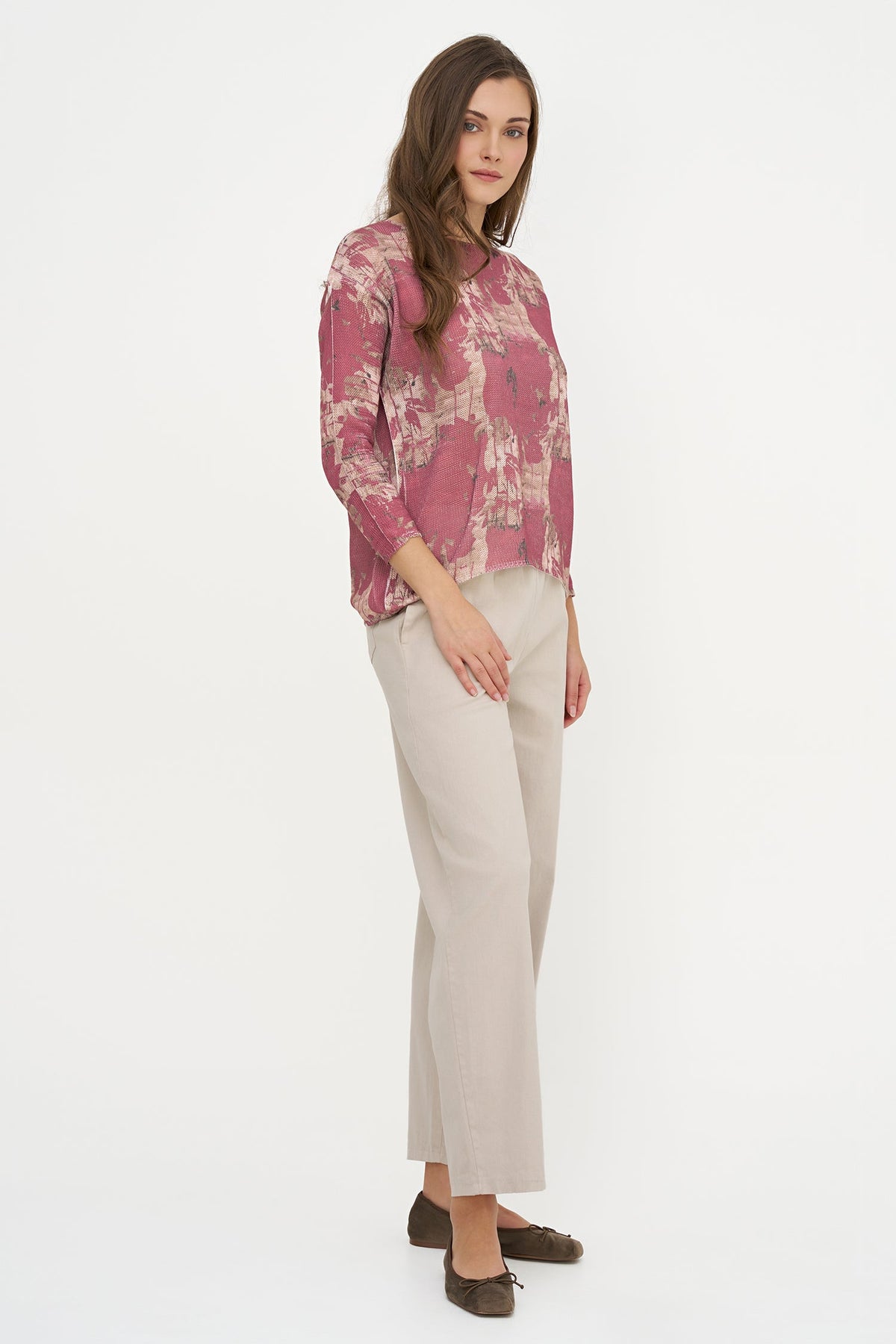 Women's Knit Printed Boat-Neck Sweater with Long Sleeves