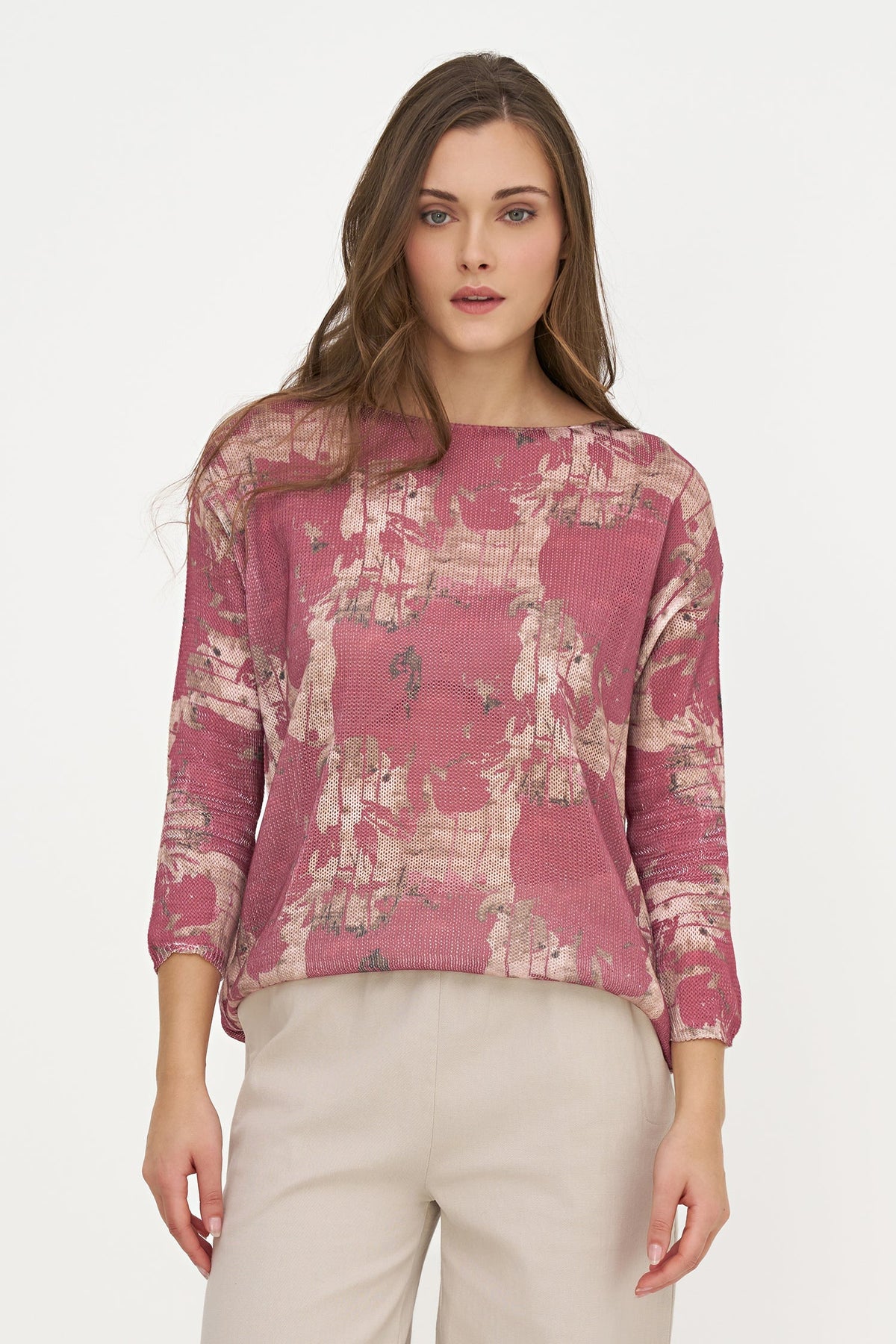 Women's Knit Printed Boat-Neck Sweater with Long Sleeves