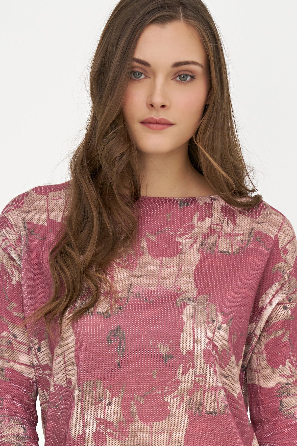 Women's Knit Printed Boat-Neck Sweater with Long Sleeves
