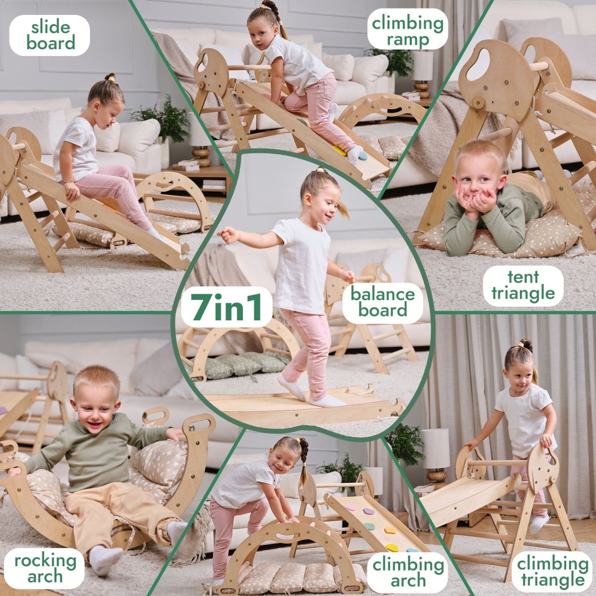 4in1 Montessori Climbing Frame: Pikler Triangle + Arch + Slide Board + Cushion for Toddlers (1–3 Years)