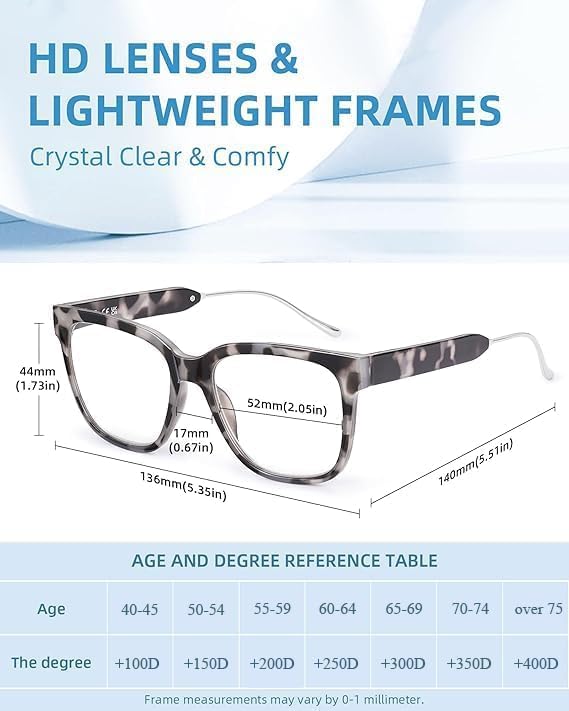 JM Oversized Reading Glasses for Women – Square Frame, Blue Light Blocking, Stylish Computer Readers