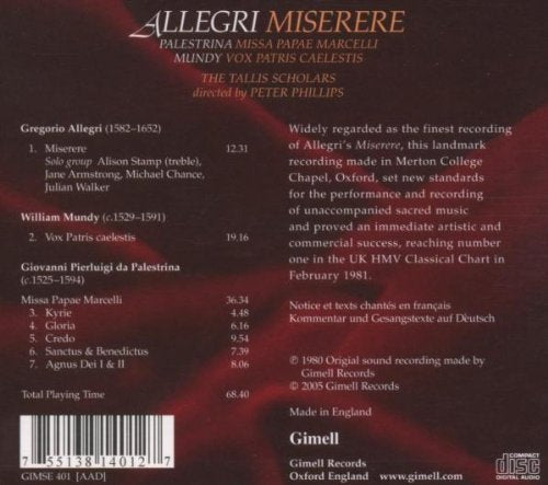 Allegri: Miserere; Palestrina: Missa Papae Marcelli