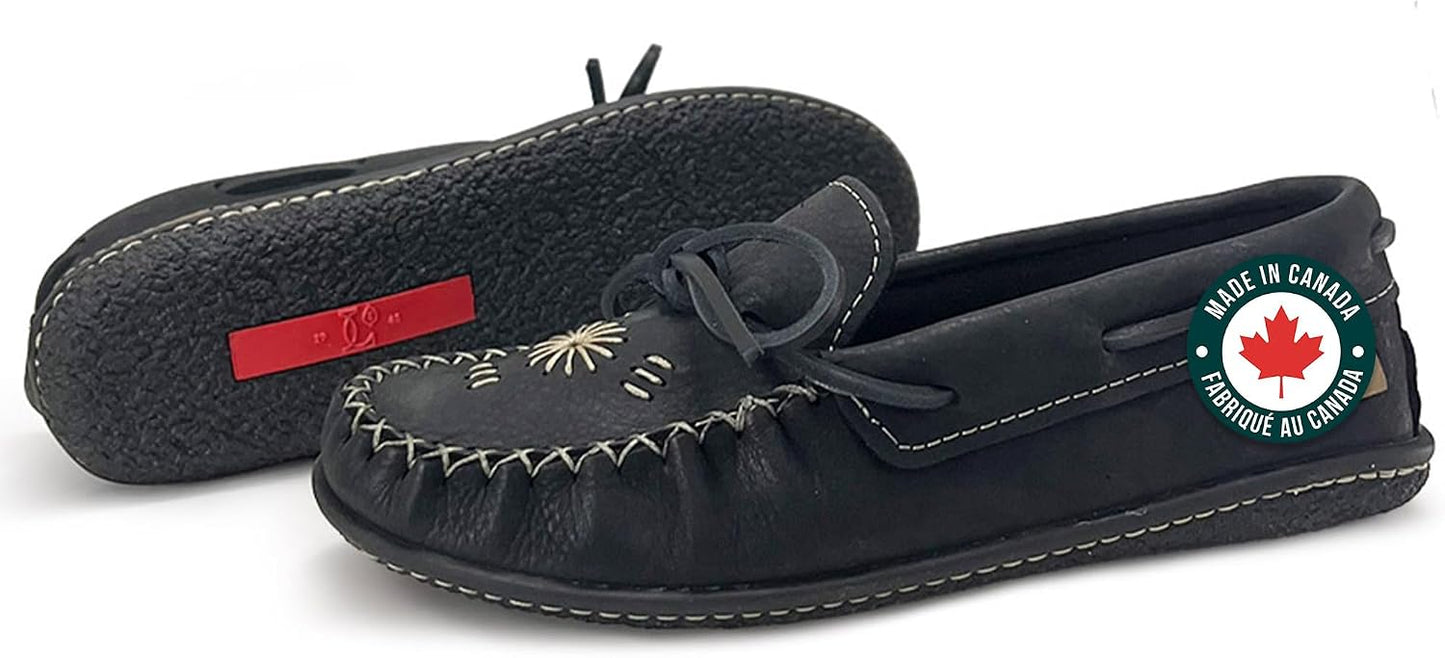 Women's Leather Moccasin Loafers – Handcrafted in Canada, Inca Embroidery, Indoor & Outdoor