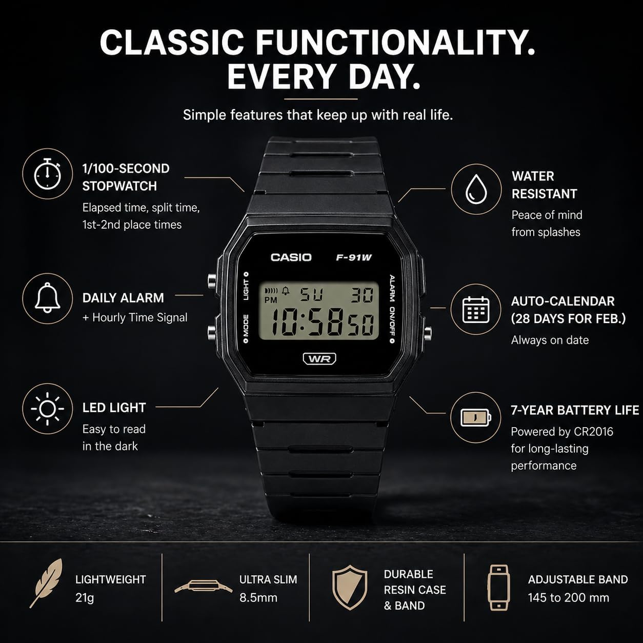 Casio F91W Digital Watch – Water Resistant, LED Light, 7-Year Battery