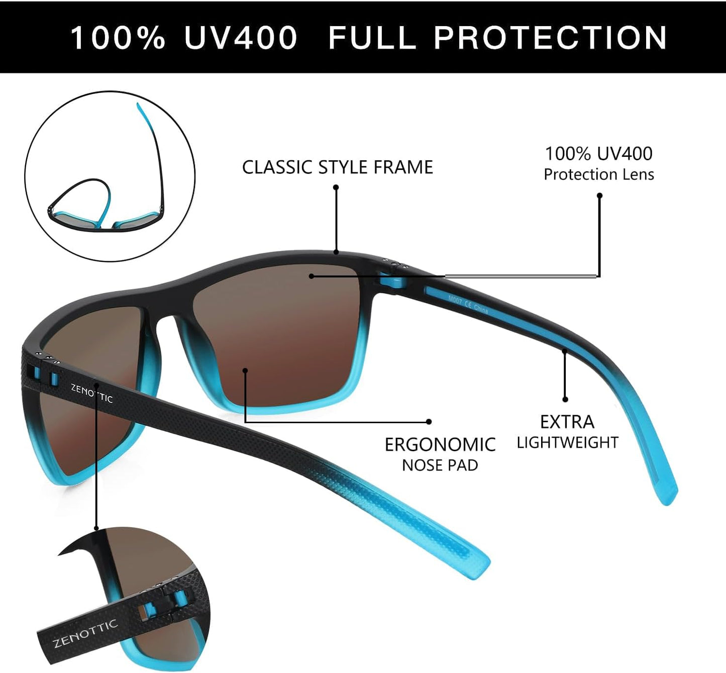 ZENOTTIC Polarized Sunglasses for Men – Lightweight TR90 Frame, UV400, Square