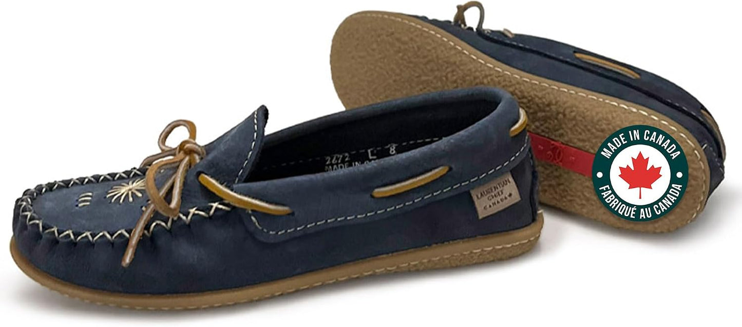 Women's Leather Moccasin Loafers – Handcrafted in Canada, Inca Embroidery, Indoor & Outdoor