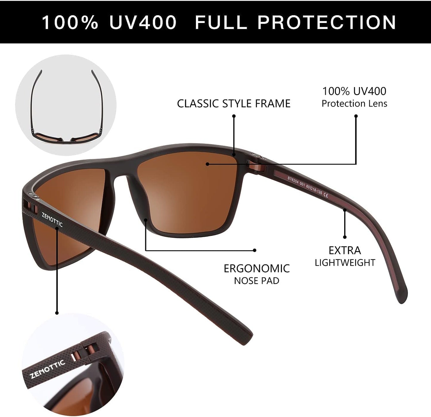ZENOTTIC Polarized Sunglasses for Men – Lightweight TR90 Frame, UV400, Square