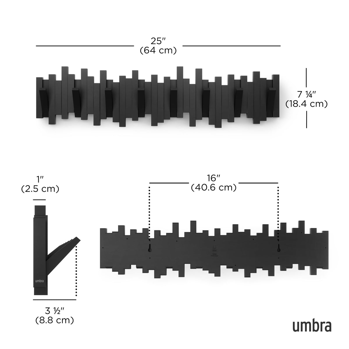Umbra Sticks Wall-Mounted Coat Rack Rail Hook with 8 Retractable Pegs – Modern, Space-Saving Storage Organizer, Black 🍁 All In One Marketplace Canada