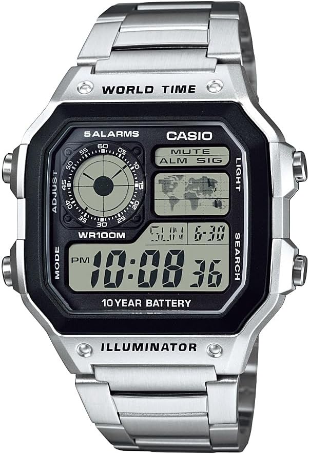 Casio AE1200WH Digital Watch – World Time, Multi-Alarm, 100M Water Resistant, 10-Year Battery