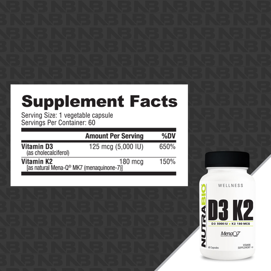 NutraBio Vitamin D3 K2 (5000 IU D3, 180 MCG K2)