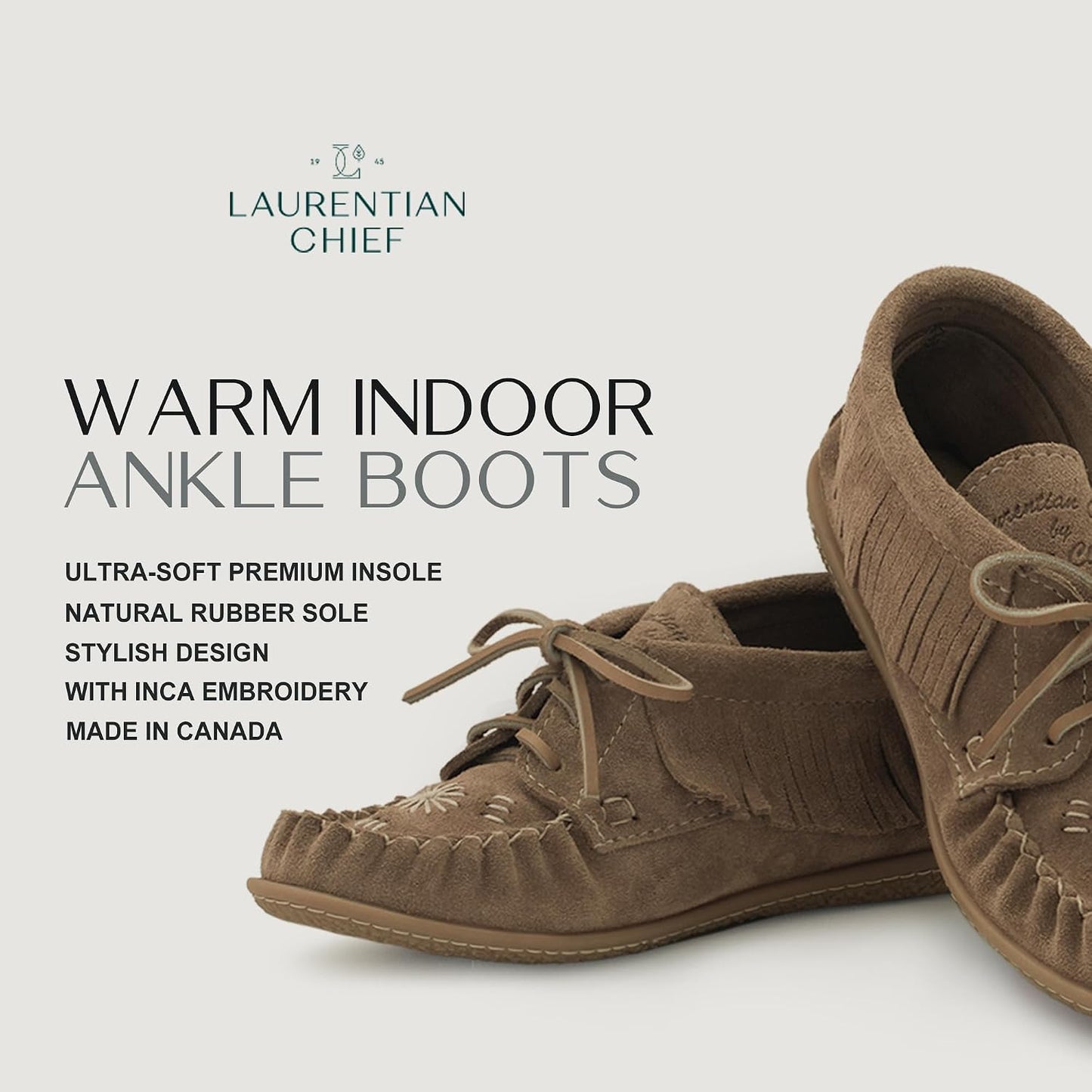 Women's Leather Moccasin Ankle Boots – Handcrafted in Canada, Inca Embroidery, Rubber Sole