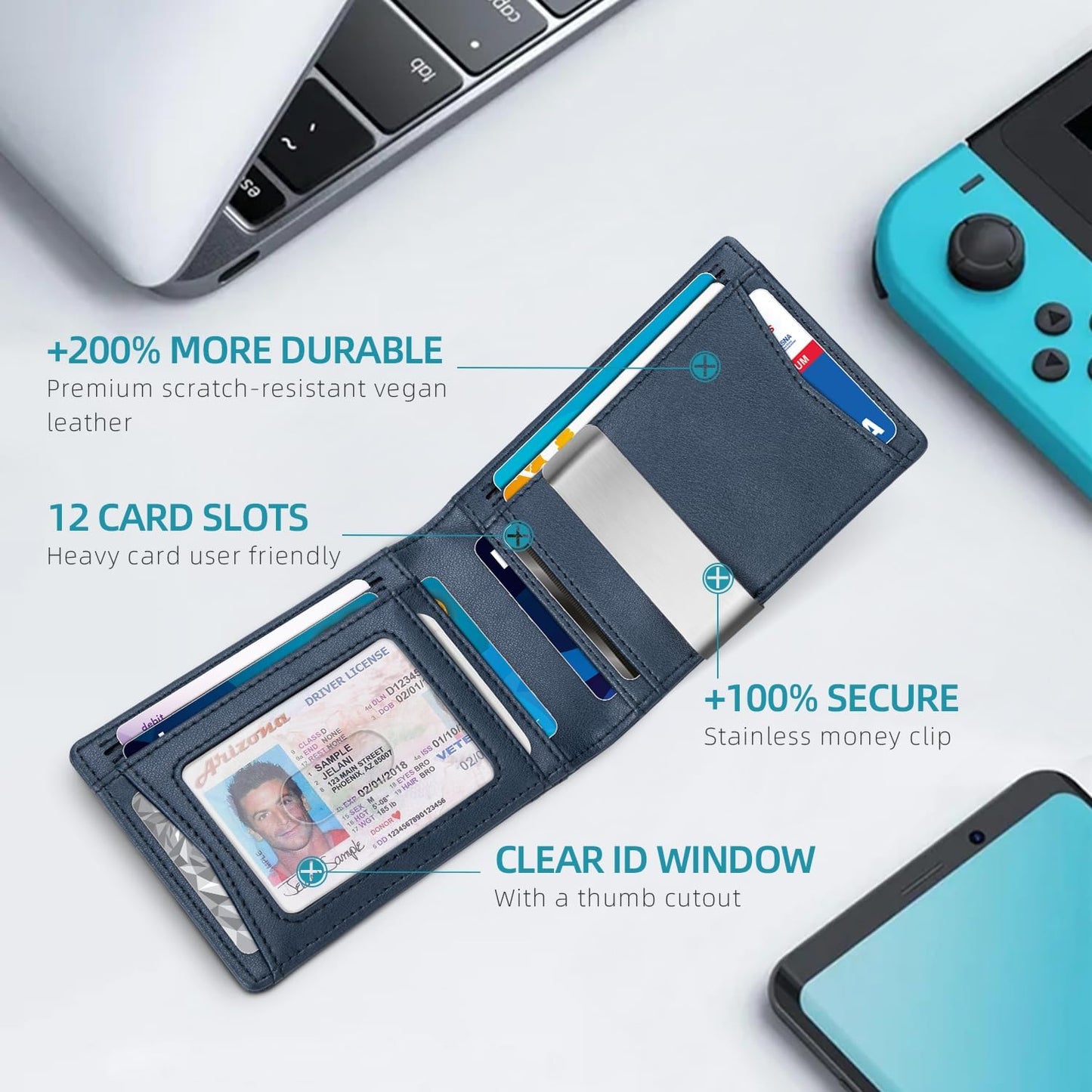 Zitahli Slim RFID Wallet for Men – Leather Bifold with Money Clip, 12 Card Slots