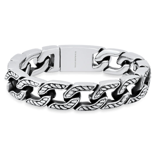Men’s Heavy Stainless Steel Cuban Link Bracelet. Oxidized Chevron Accent Biker Chain