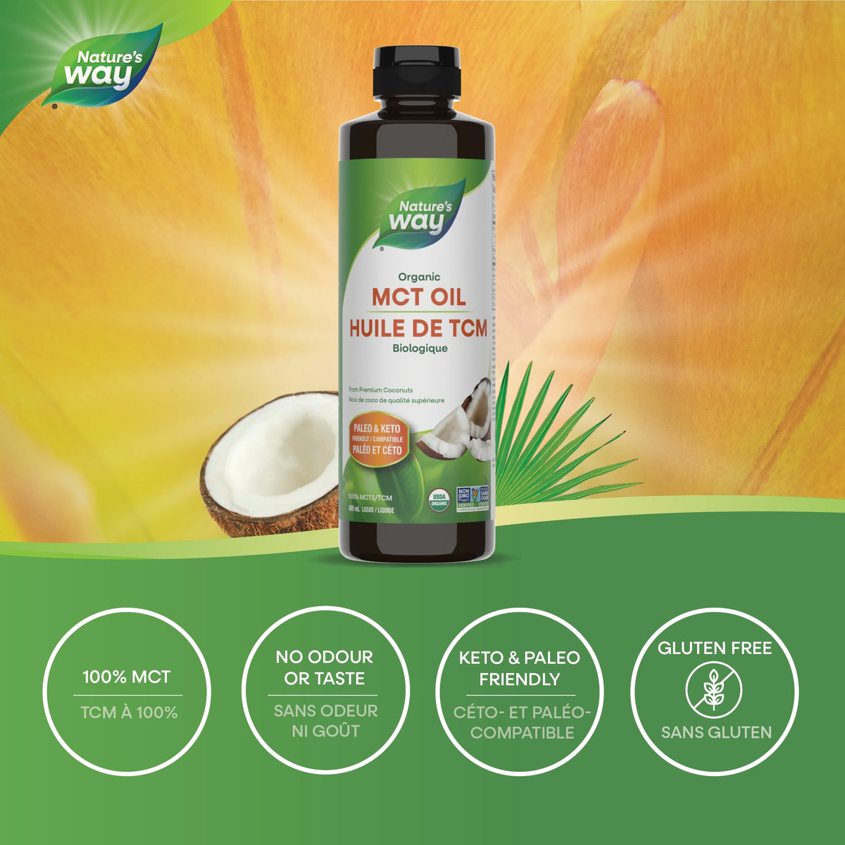 Nature's Way 100% Pure MCT Oil – Organic Coconut-Derived Medium Chain Triglycerides – No Palm or Filler Oils – Keto & Paleo Friendly – Non-GMO, Vegetarian, Gluten-Free, Flavourless – 480 mL 🍁 All In One Marketplace Canada
