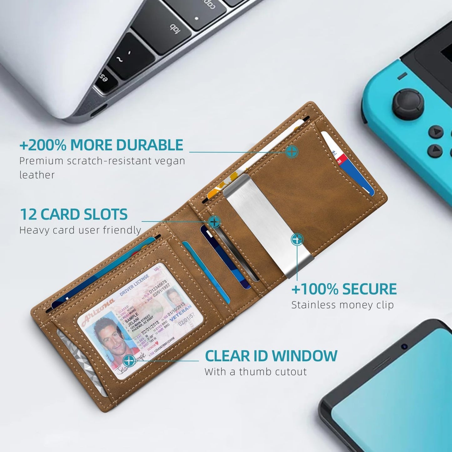 Zitahli Slim RFID Wallet for Men – Leather Bifold with Money Clip, 12 Card Slots