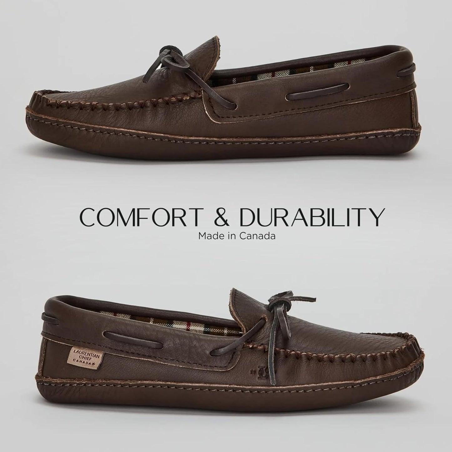 Men's Leather Moccasin Slippers – Handcrafted in Canada, Plaid Insole, Soft Sole