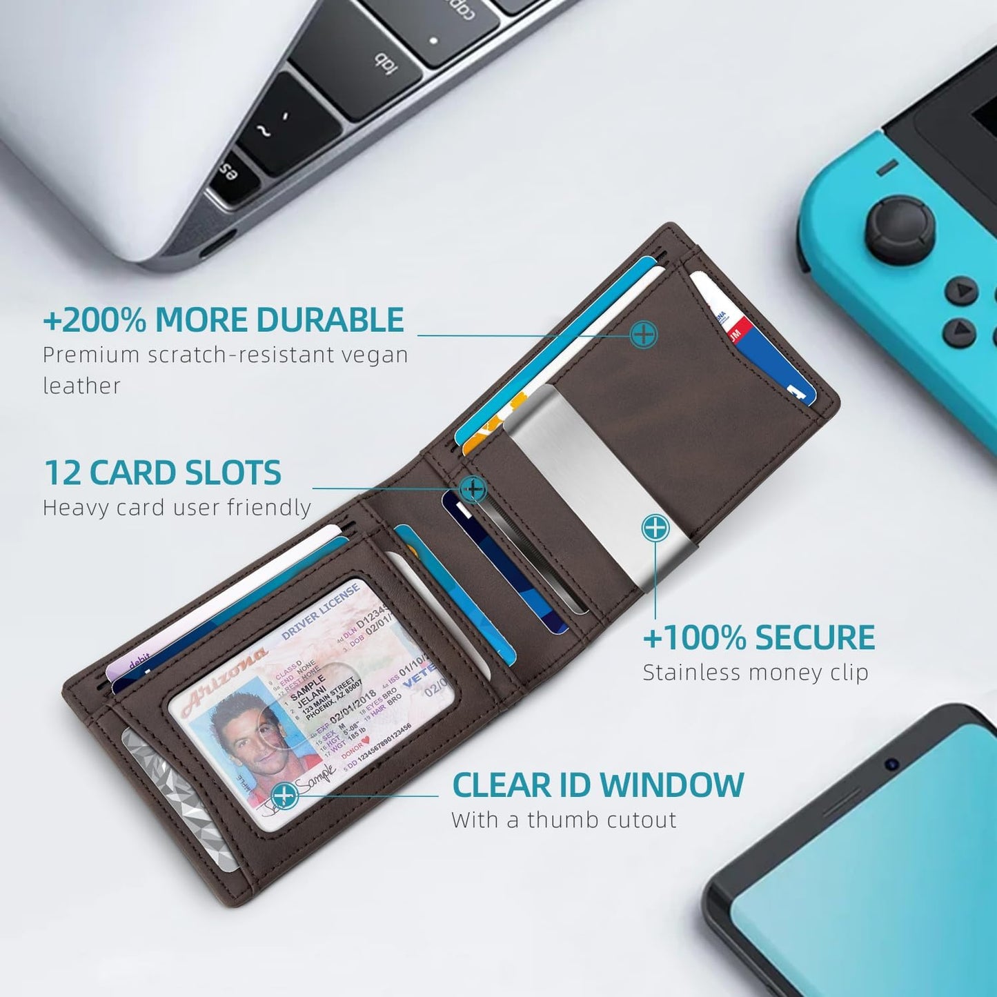 Zitahli Slim RFID Wallet for Men – Leather Bifold with Money Clip, 12 Card Slots