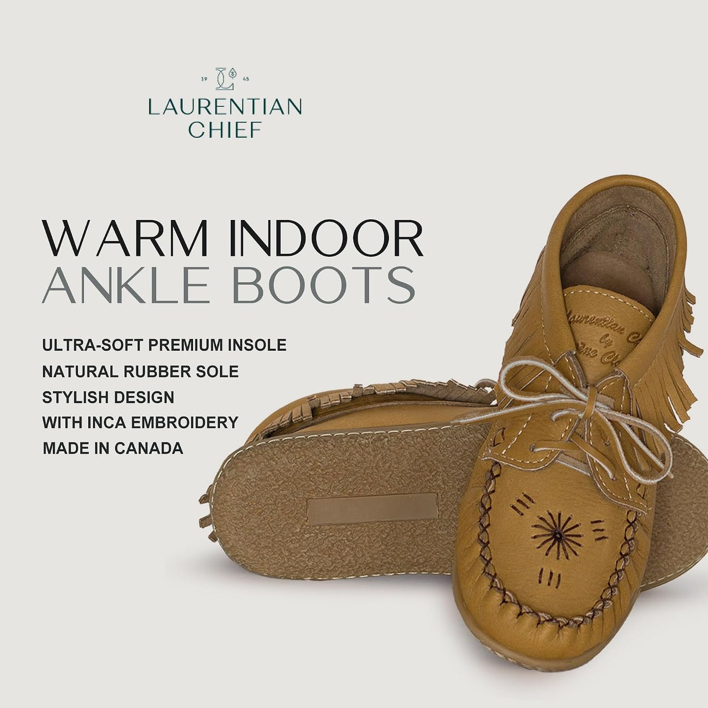 Women's Leather Moccasin Ankle Boots – Handcrafted in Canada, Inca Embroidery, Rubber Sole