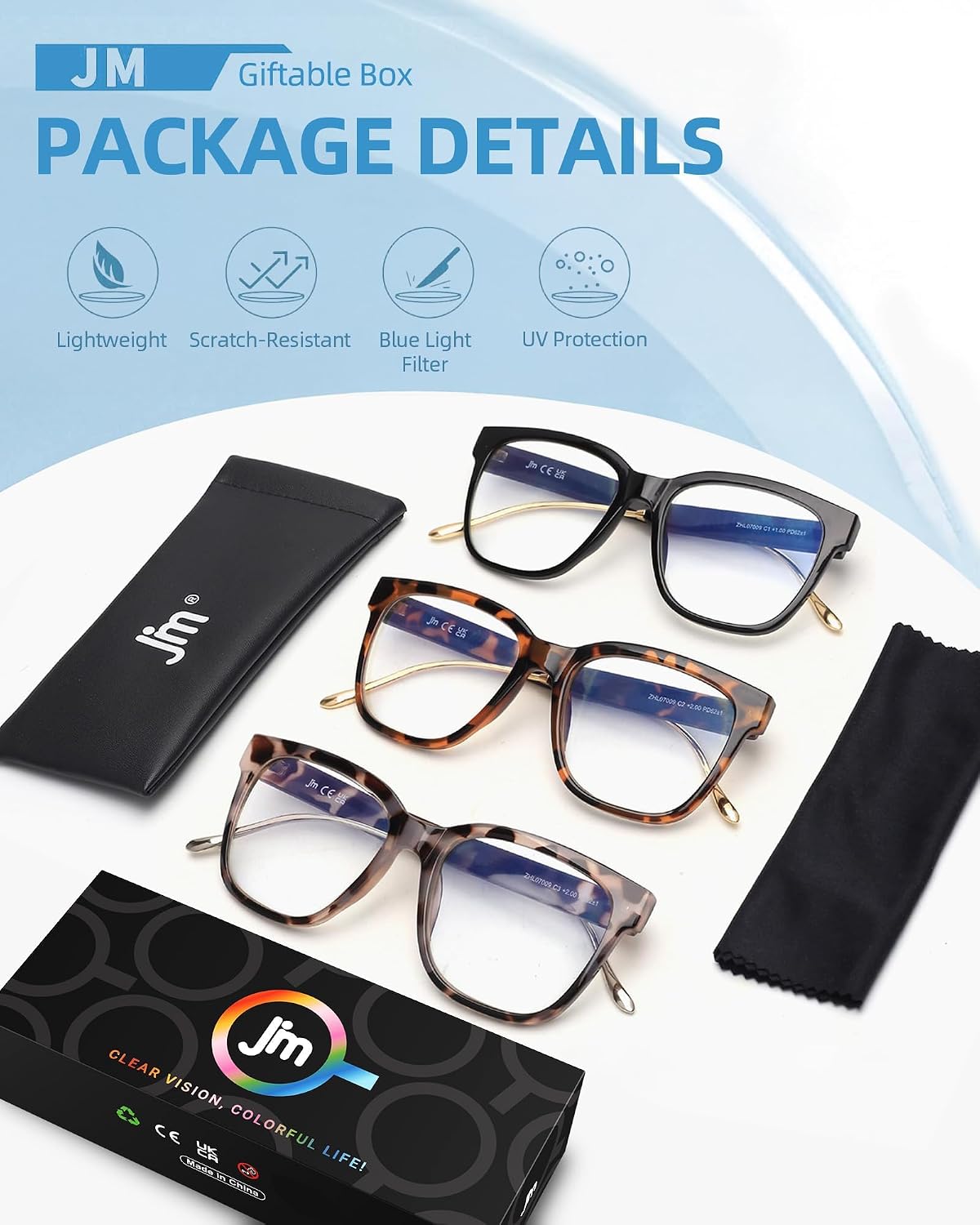 JM Oversized Reading Glasses for Women – Square Frame, Blue Light Blocking, Stylish Computer Readers