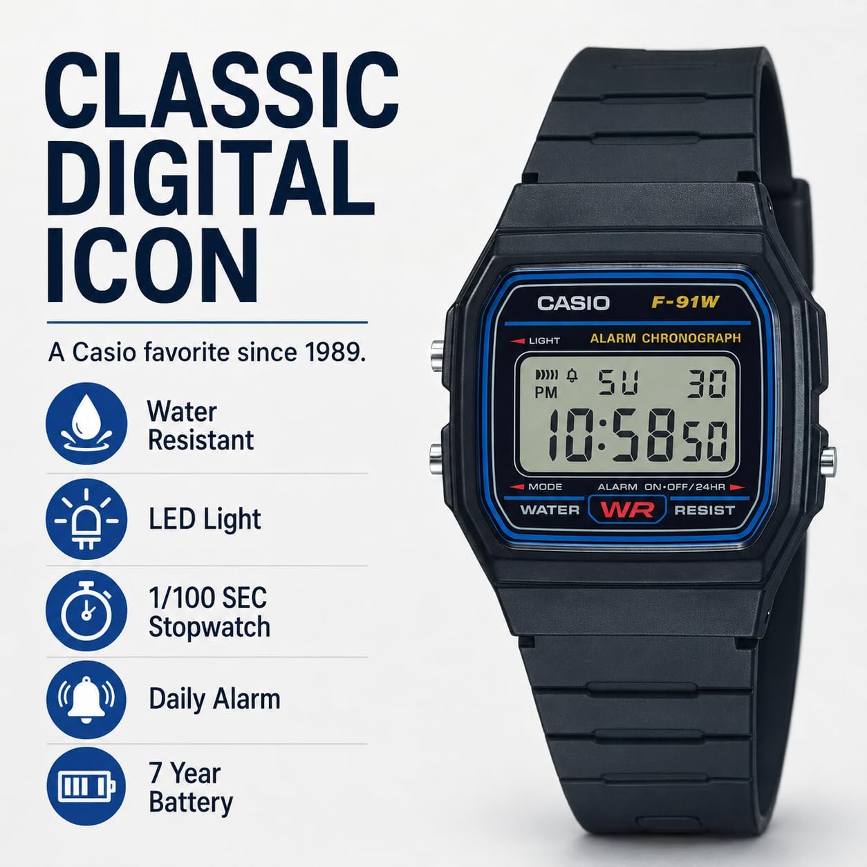 Casio F91W Digital Watch – Water Resistant, LED Light, 7-Year Battery