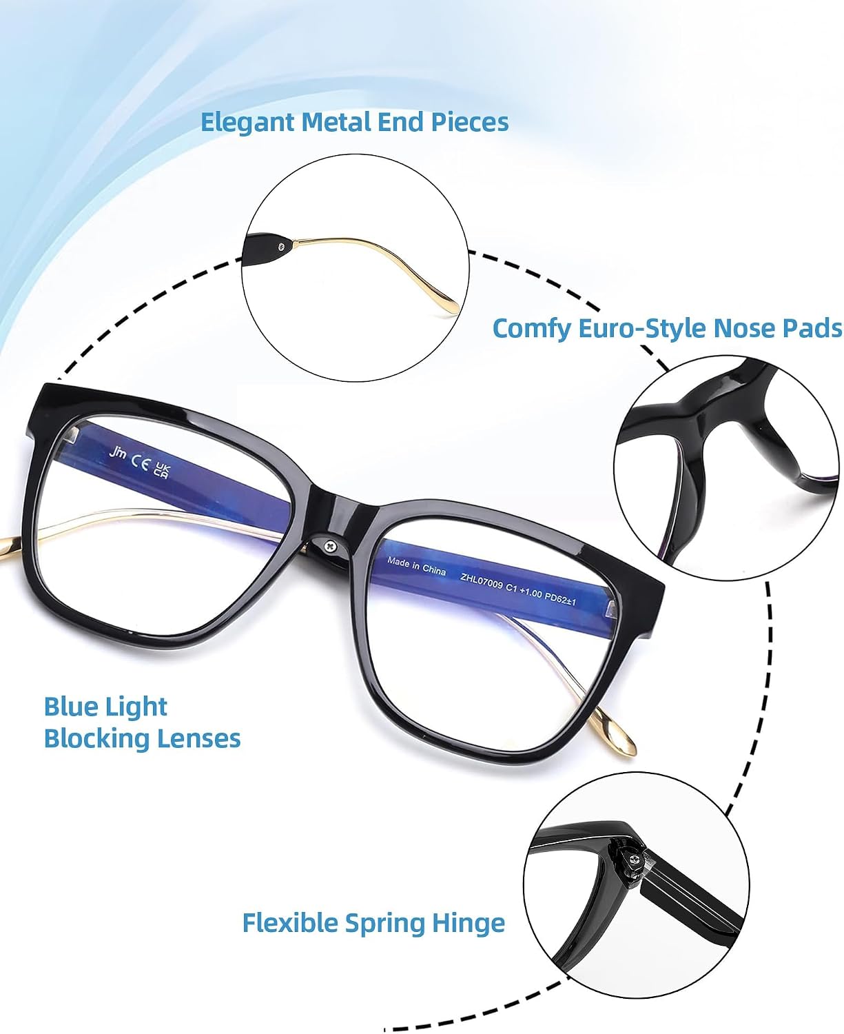 JM Oversized Reading Glasses for Women – Square Frame, Blue Light Blocking, Stylish Computer Readers