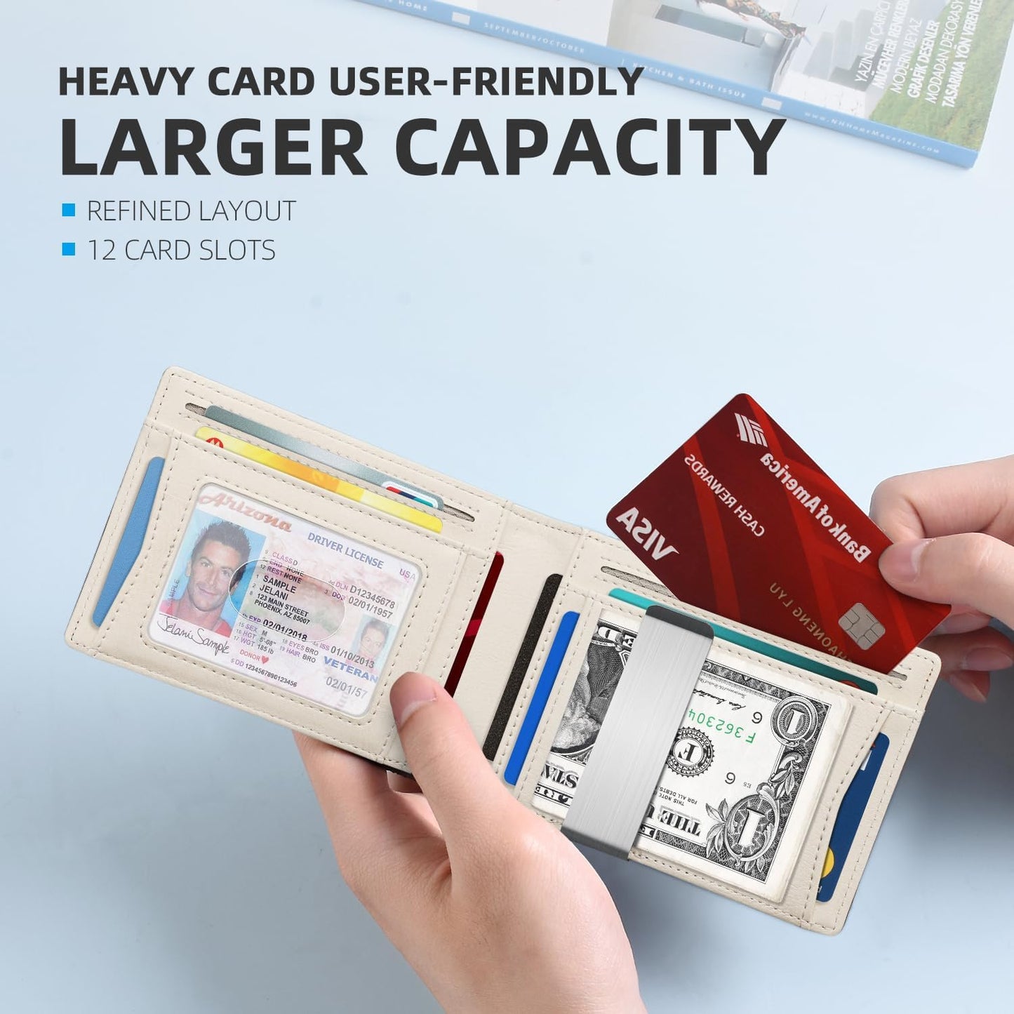 Zitahli Slim RFID Wallet for Men – Leather Bifold with Money Clip, 12 Card Slots