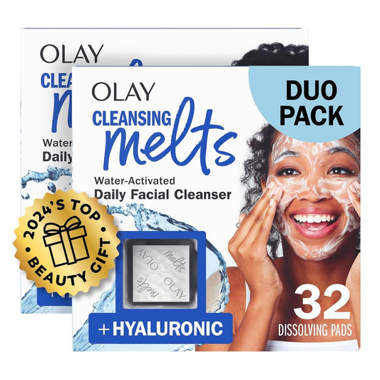 Olay Face Wash, Hyaluronic Acid Cleansing Melts, Fragrance-Free, Daily Use Gentle Cleanser, For All Skin Types, Travel Size, Water-Activated to Clean, Tone, and Refresh, 64 Count (2 Pack x 32 Count) 🍁 All In One Marketplace Canada