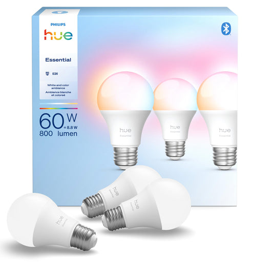 Philips Hue Essential Smart LED A19 Bulb, White and Color Ambiance, E26 Base, 8.8W, 2200K-6500K, 800 Lumens, Dimmable, Works with Alexa, Google Assistant, and Apple Home, 3 Pack 🍁 All In One Marketplace Canada