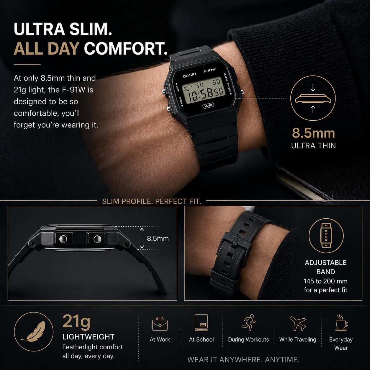 Casio F91W Digital Watch – Water Resistant, LED Light, 7-Year Battery