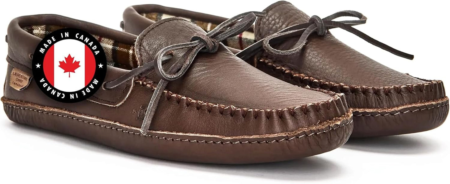 Men's Leather Moccasin Slippers – Handcrafted in Canada, Plaid Insole, Soft Sole