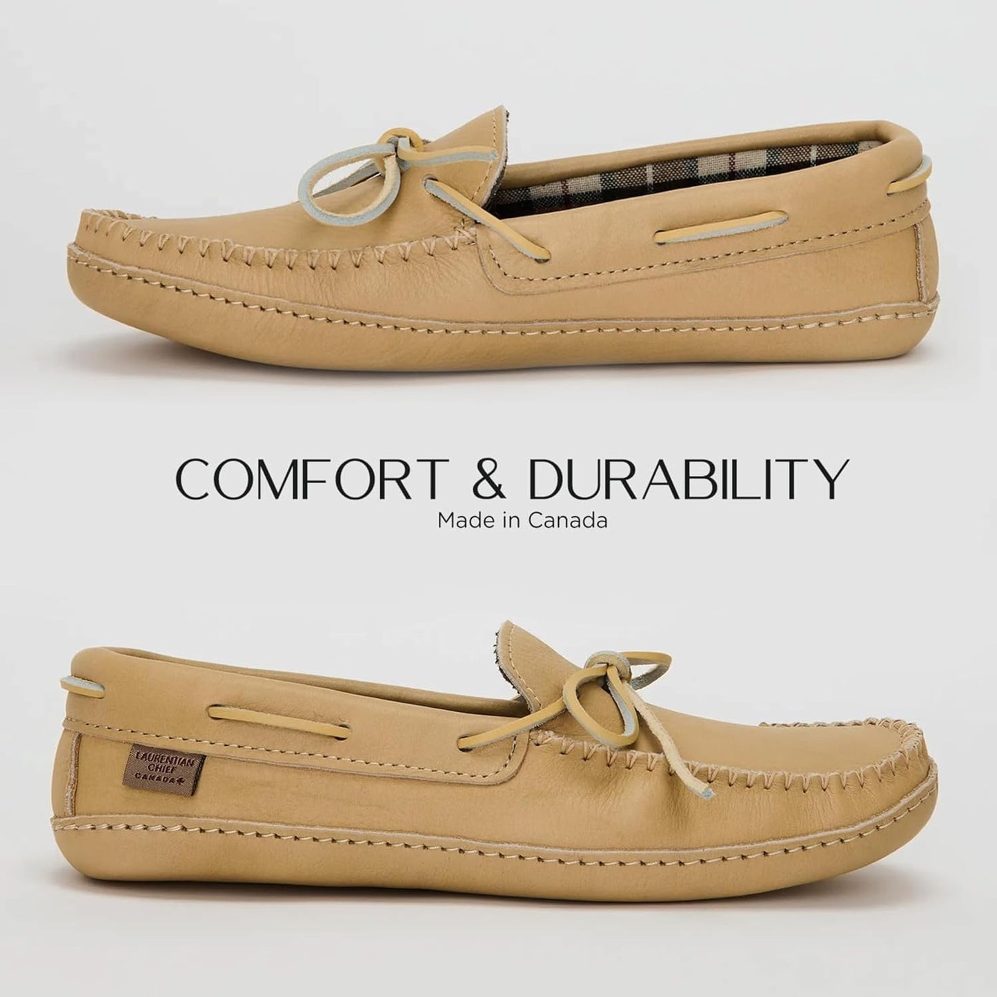 Men's Leather Moccasin Slippers – Handcrafted in Canada, Plaid Insole, Soft Sole