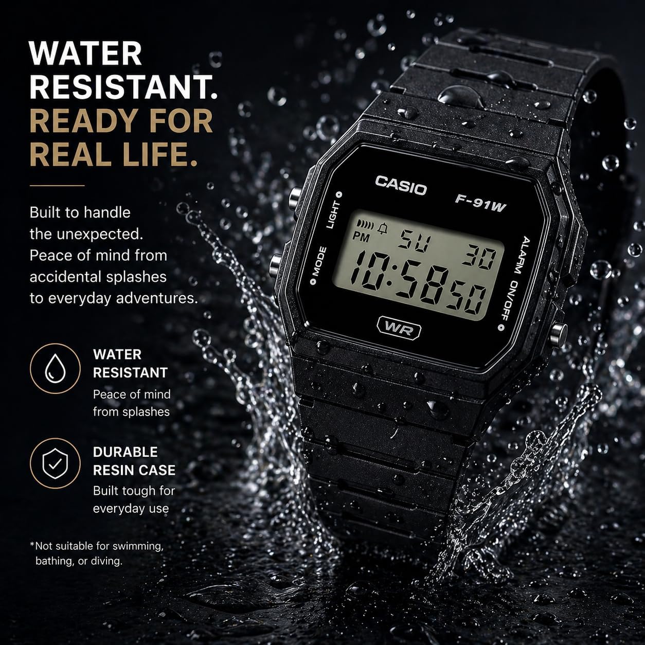 Casio F91W Digital Watch – Water Resistant, LED Light, 7-Year Battery