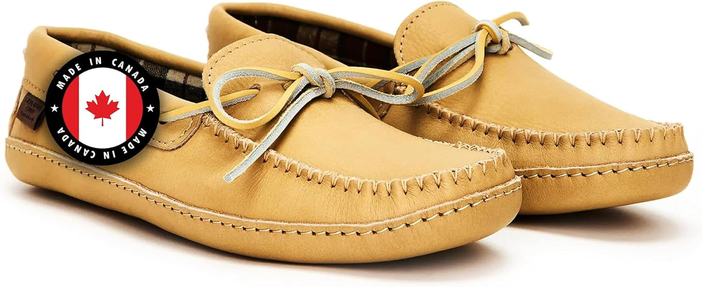 Men's Leather Moccasin Slippers – Handcrafted in Canada, Plaid Insole, Soft Sole