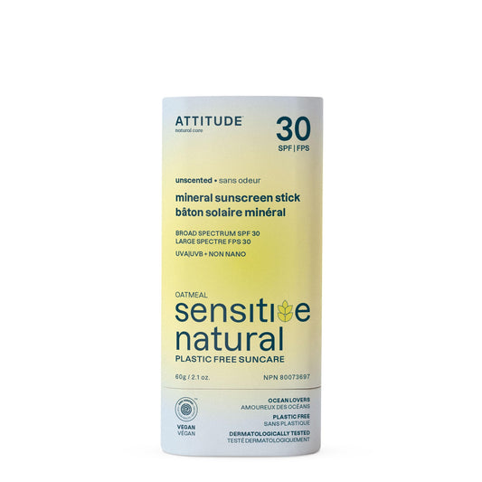 ATTITUDE Mineral Sunscreen Stick for Sensitive Skin, SPF 30, Made in Canada, EWG Verified, Plastic-Free, Broad Spectrum UVA/UVB Protection with Zinc Oxide, Dermatologically Tested, Vegan, Unscented, 60 grams 🍁 All In One Marketplace Canada