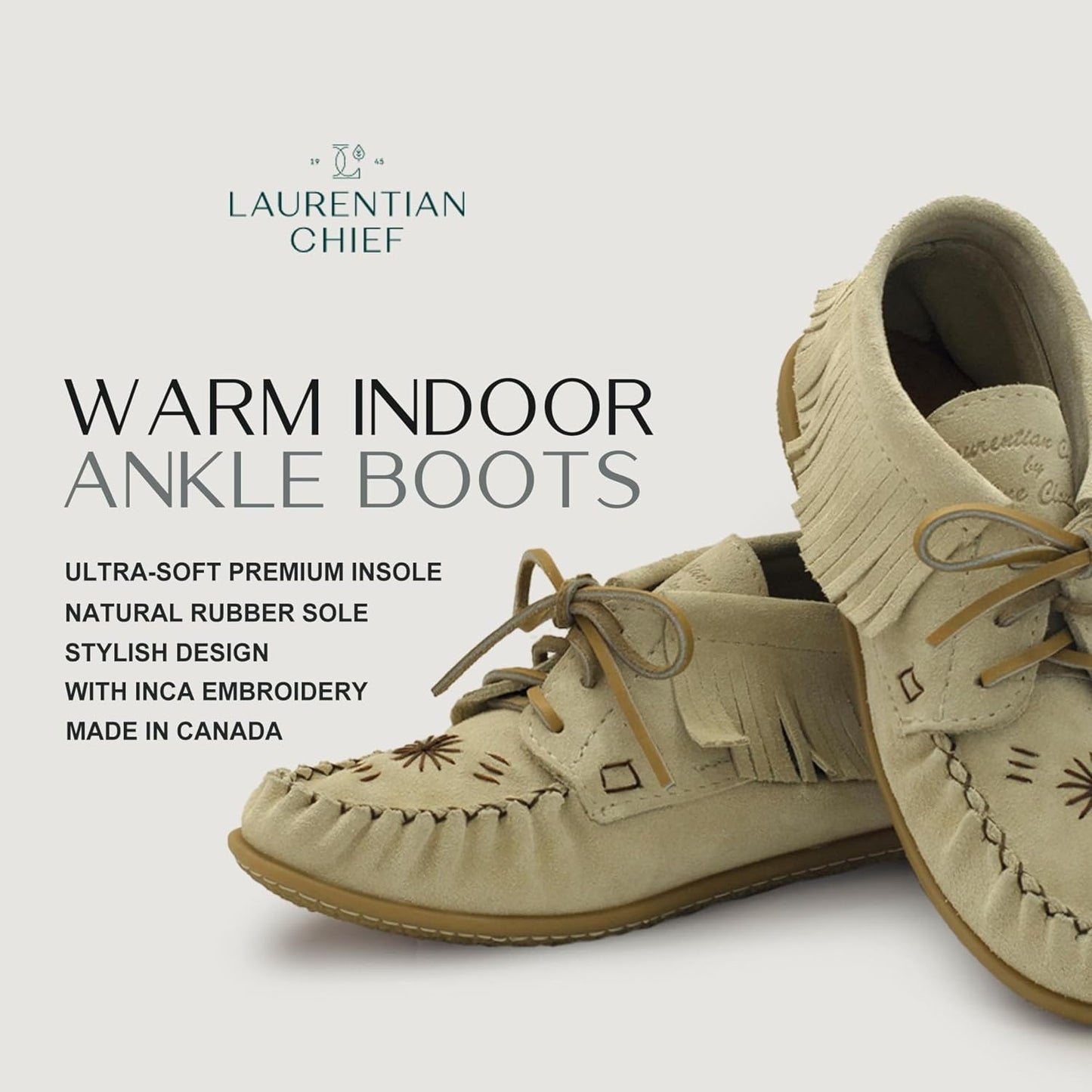 Women's Leather Moccasin Ankle Boots – Handcrafted in Canada, Inca Embroidery, Rubber Sole
