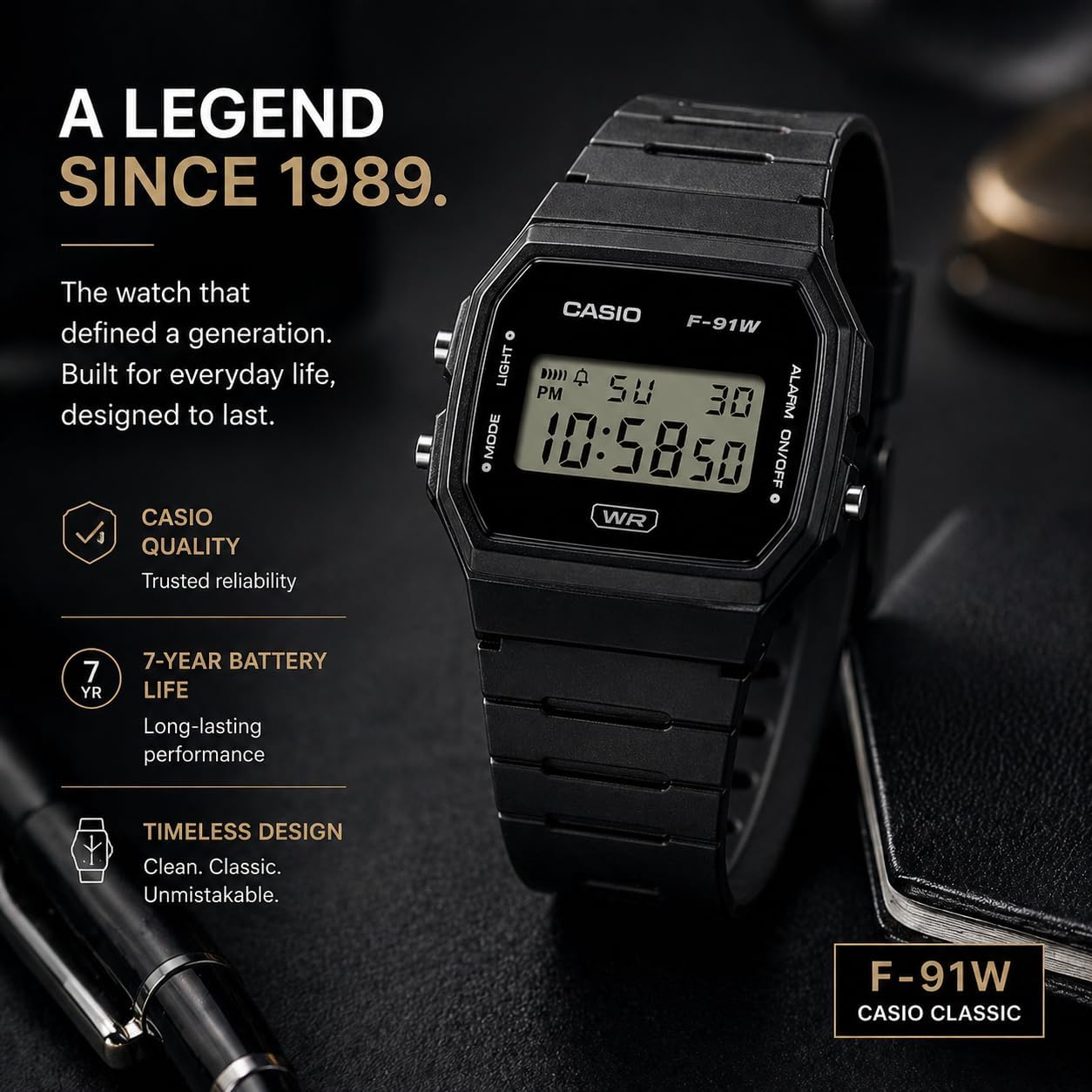 Casio F91W Digital Watch – Water Resistant, LED Light, 7-Year Battery