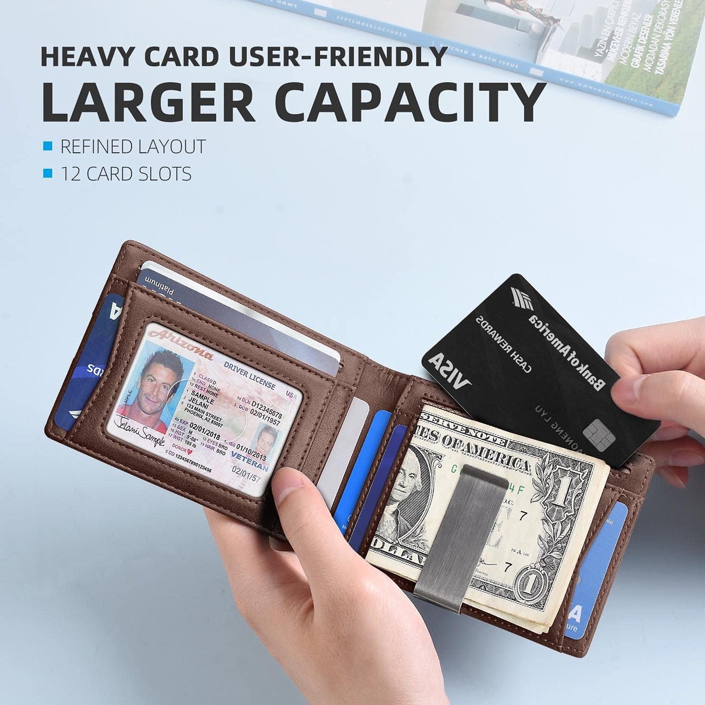Zitahli Slim RFID Wallet for Men – Leather Bifold with Money Clip, 12 Card Slots