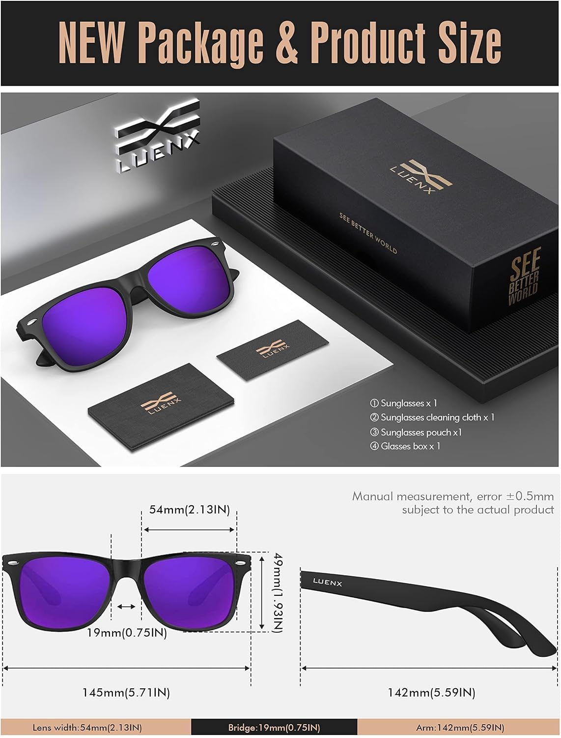 LUENX Polarized Sunglasses – UV400, Square Frame, Anti-Slip, Men & Women